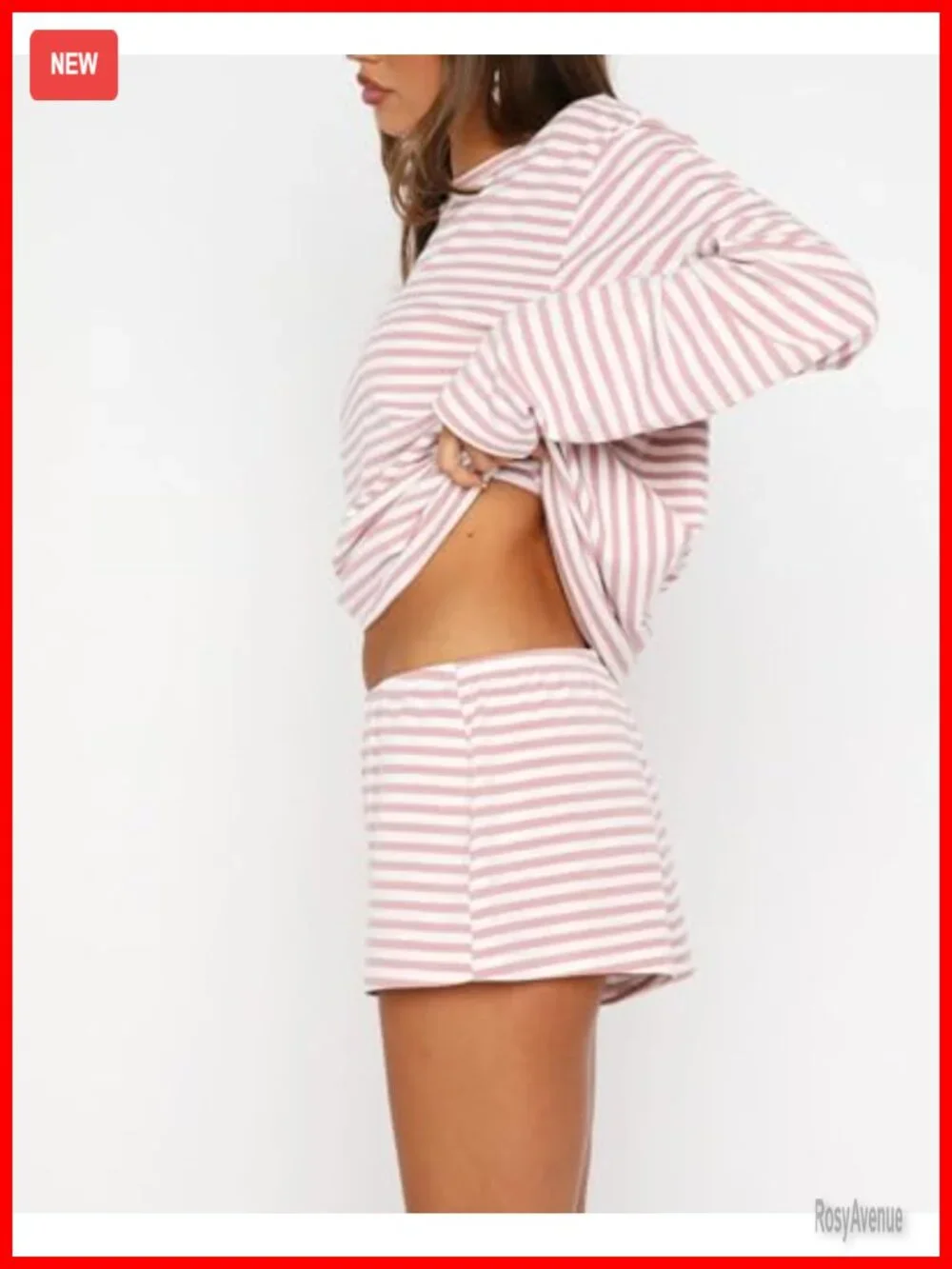 Women's Striped Pajama Set Long Sleeve Crewneck Top & Shorts Lounge Set
